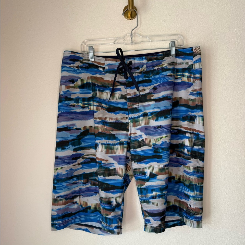Prana Swim Trunks Men’s Size 36 Blue Abstract Board Shorts UPF 50+ Surf Beach